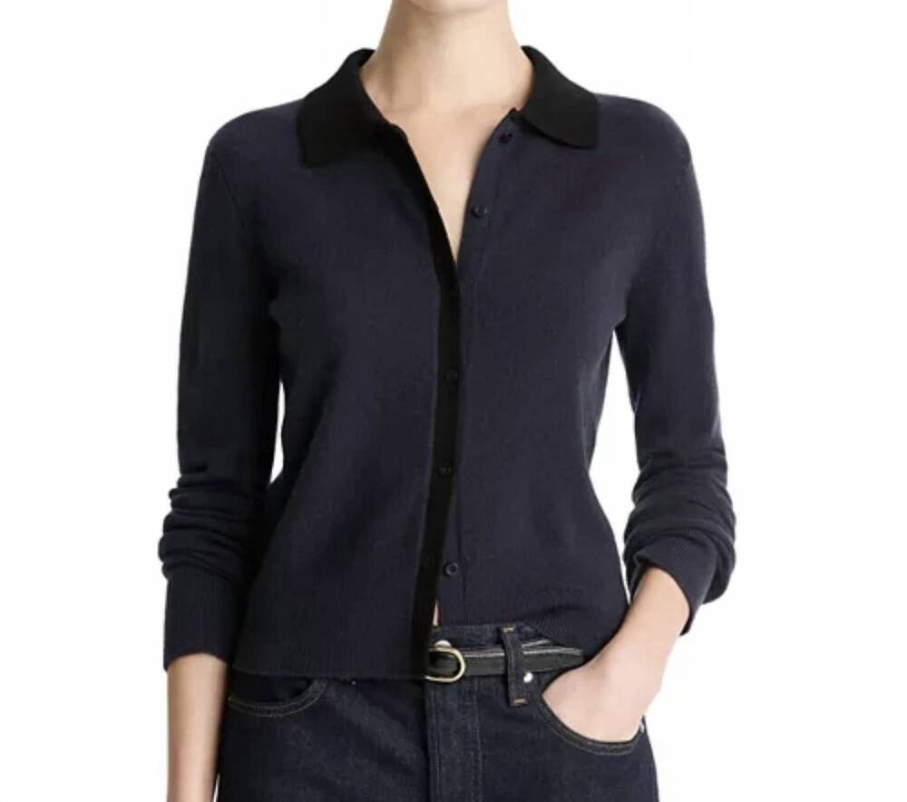 NEW VINCE contrast collared sweater in blue/black